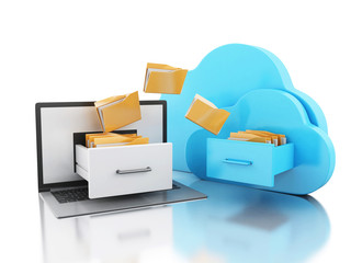 Poster - 3d Laptop with folders and cloud. Online storage concept.