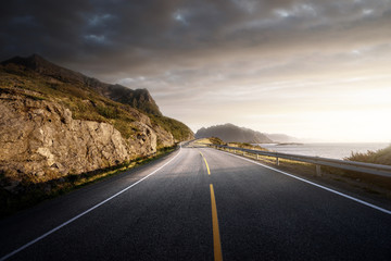 Wall Mural - road by the sea in sunrise time, lofoten island, norway