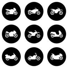 Set of white icons isolated against a black background, on a theme Motorcycle