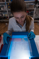 Poster - Girl technician works with the genetic code