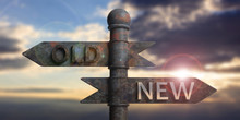 Old And New Written On Signposts Isolated On Sunset Background. 3d Illustration