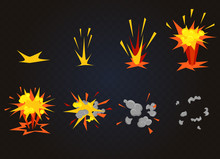 Vector Cartoon Front Boom Explosion Effect With Smoke. Flash Explode Animation For Game.