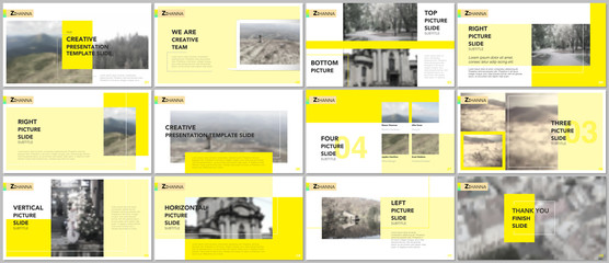 Wall Mural - Clean and minimal presentation templates. Yellow elements on a white background. Brochure cover vector design. Presentation slides for flyer, leaflet, brochure, report, marketing, advertising, banner