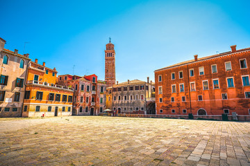 Wall Mural - Venice cityscape, Campo S Anzolo square and leaning campanile church tower. Italy.