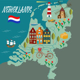 Fototapeta Miasta - Cartoon Map of Holland with Legend Icons