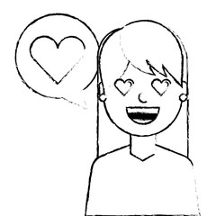 Sticker - young woman with love heart in speech bubble vector illustration sketch design