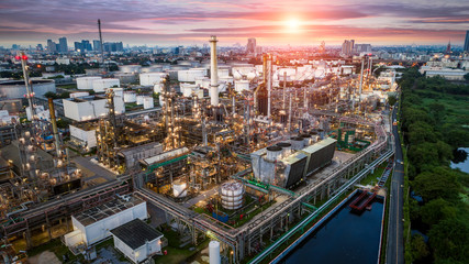 Wall Mural - Aerial view of Oil and gas industry - refinery, Shot from drone of Oil refinery and Petrochemical plant  , Bangkok, Thailand