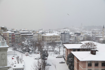 Wall Mural - A winter view from the city of Istanbul with houses covered with white snow