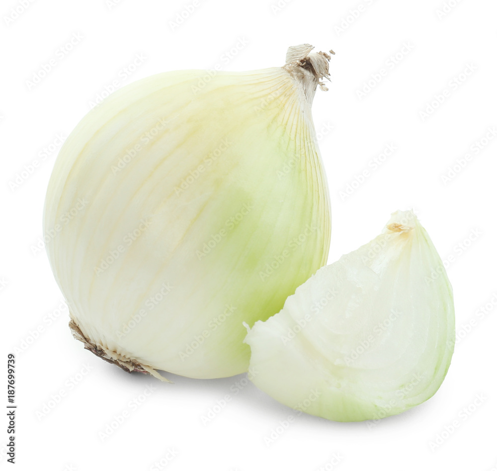 Fresh whole onion with piece on white background