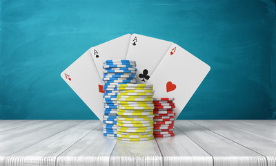 Poster - 3d rendering of a three stacks of casino chips with four ace cards behind them stand on a wooden tab