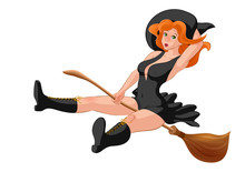Red Hair Witch In Black Dress On A Broom. Halloween Pin Up Vector Illustration.