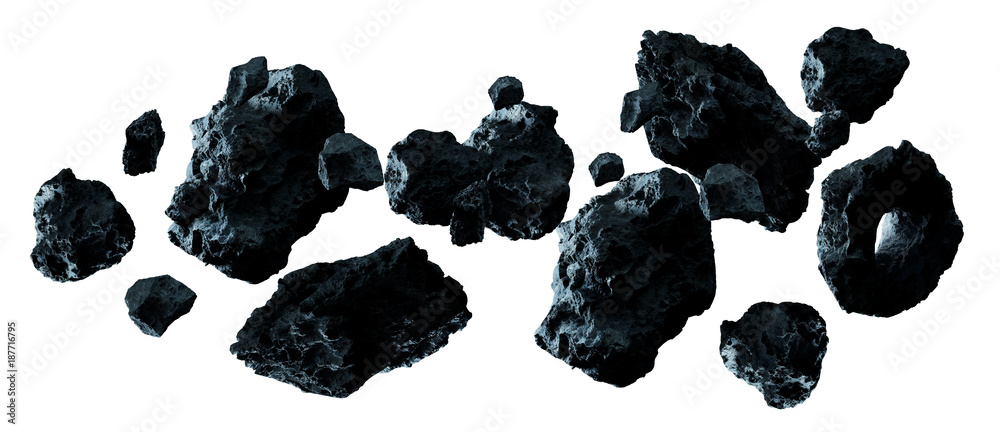 Dark rock asteroid pack 3D rendering - obrazy, fototapety, plakaty 