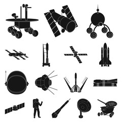 Space technology black icons in set collection for design.Spacecraft and equipment vector symbol stock web illustration.