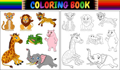 Coloring book with wild animals cartoon