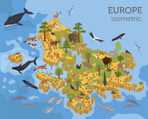 Wall Mural - Isometric 3d European flora and fauna map constructor elements. Animals, birds and sea life isolated on white big set. Build your own geography infographics collection