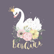Beautiful white romantic dreaming swan princess with crown and floral flowers bouquet and Be The Queen lettering