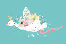 Cute Flying White Swan Princess (bird, Goose, Duck) With Flowers Bouquet, Pink Tied Bow And Golden Crown