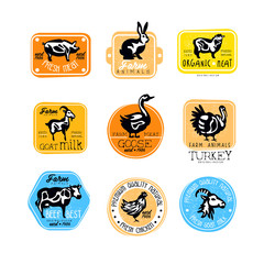Wall Mural - Set of retro labels for dairy and natural meat products. Butcher shop logos. Vector badges with silhouettes of farm animals. Goat milk, fresh pork, beef, rabbit, chicken, turkey