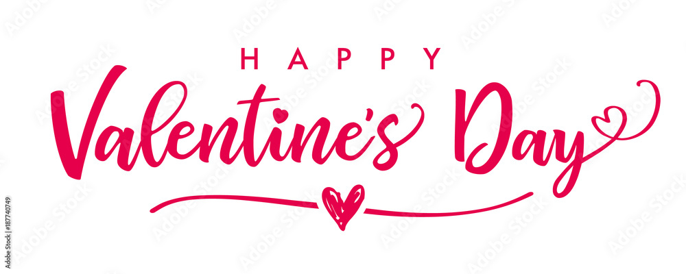 Lettering Happy Valentines Day banner. Valentines Day greeting card template with typography text happy valentine`s day and red heart and line on background. Vector illustration - obrazy, fototapety, plakaty 
