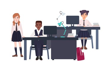 Poster - Children dressed in school uniform sitting at desks with computers and standing beside it on white background. Cartoon boys and girls in classroom. Colorful vector illustration in flat style.