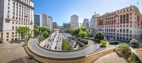 Poster - Panoramic view of 23 de Maio Avenue view from view from Viaduto do Cha (Tea Viaduct) - Sao Paulo, Brazil