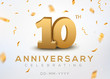 10 Anniversary gold numbers with golden confetti. Celebration 10th anniversary event party template