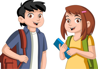 Wall Mural - Cute cartoon children with books. Teenager students.