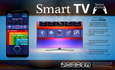Leinwandbilder - Smart TV is on the table. Smart TV interface. A smartphone is a remote for a smart TV. Interface for Smartphone app. 3D Vector