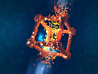 Poster - Visual concept of conducting transactions. Blockchain technology. Global decentralized database of the future. Protection and storage of digital data. Array of orange blocks on a dark blue background