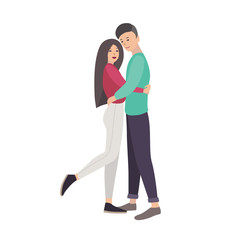 Wall Mural - Young man and woman dressed in modern casual clothing standing together and embracing. Cute couple in love. Flat cartoon characters isolated on white background. Colorful vector illustration.