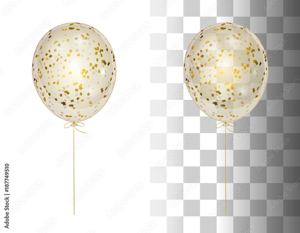 3d realistic white shine transparent helium balloon with golden confetti isolated in the air - obrazy, fototapety, plakaty 