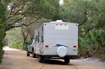 camping trailer leaving campground