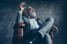 Bottom View Of Attractive, Old Investor In Spectacles, Hold Glass With Brandy, In Tuxedo With Red Bow Tie And Pocket Square, Sit In Leather Chair Over Gray Background, Looking At The Side