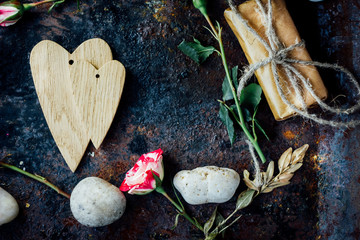 Canvas Print - Valentine's day background - two wooden hearts together.