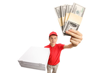 Sticker - Teenage pizza delivery boy with bundles of money