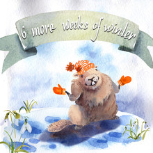 Happy Groundhog Day - Hand Hand Drawing Watercolor Card Groundhog