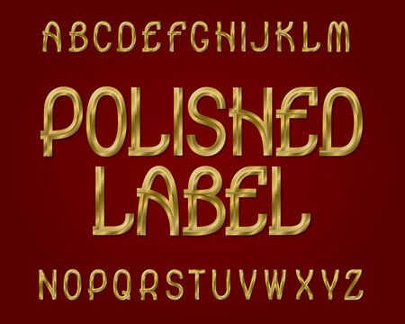 Polished Label typeface. Golden font. Isolated english alphabet.