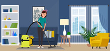 Beautiful Housewife Woman Vacuuming A Carpet.