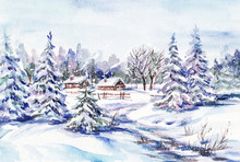 Watercolor Painting: Winter Village Landscape