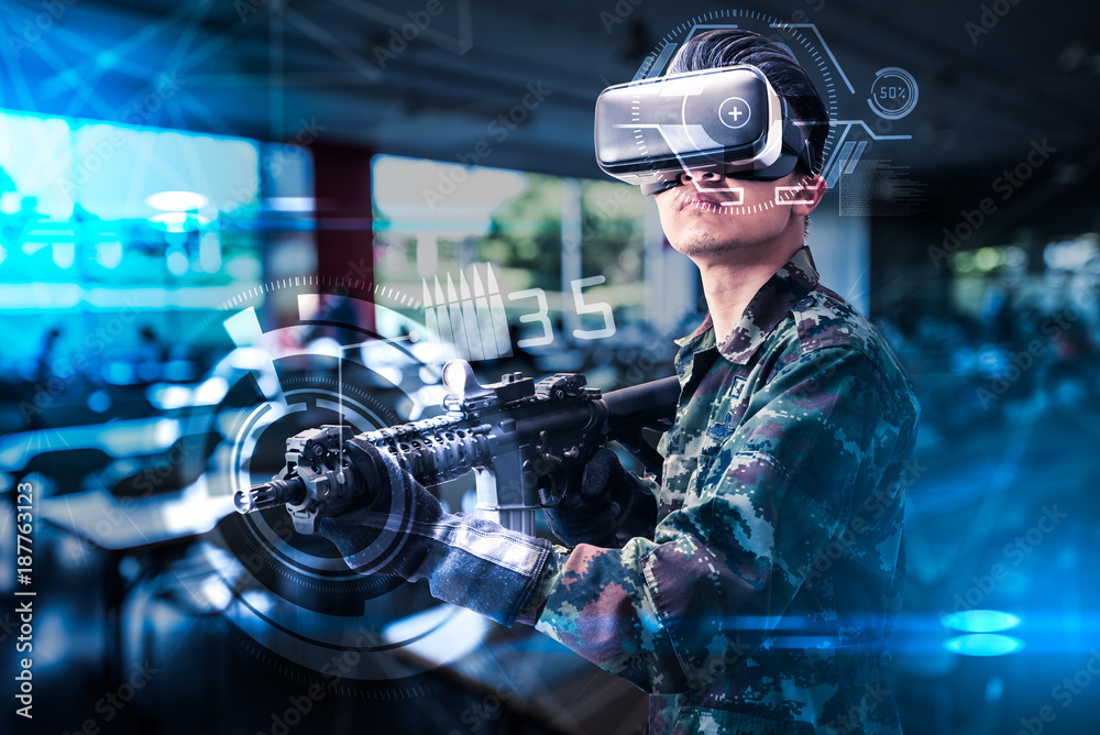 The abstract image of the soldier use a VR glasses for combat ...