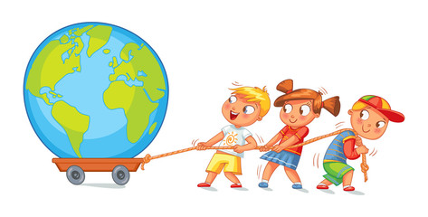 Wall Mural - Children pulling wagon with a globe