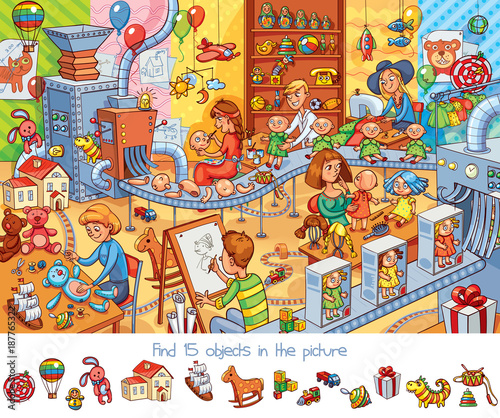Cuadros en Lienzo Toy factory. Find 15 objects in the picture