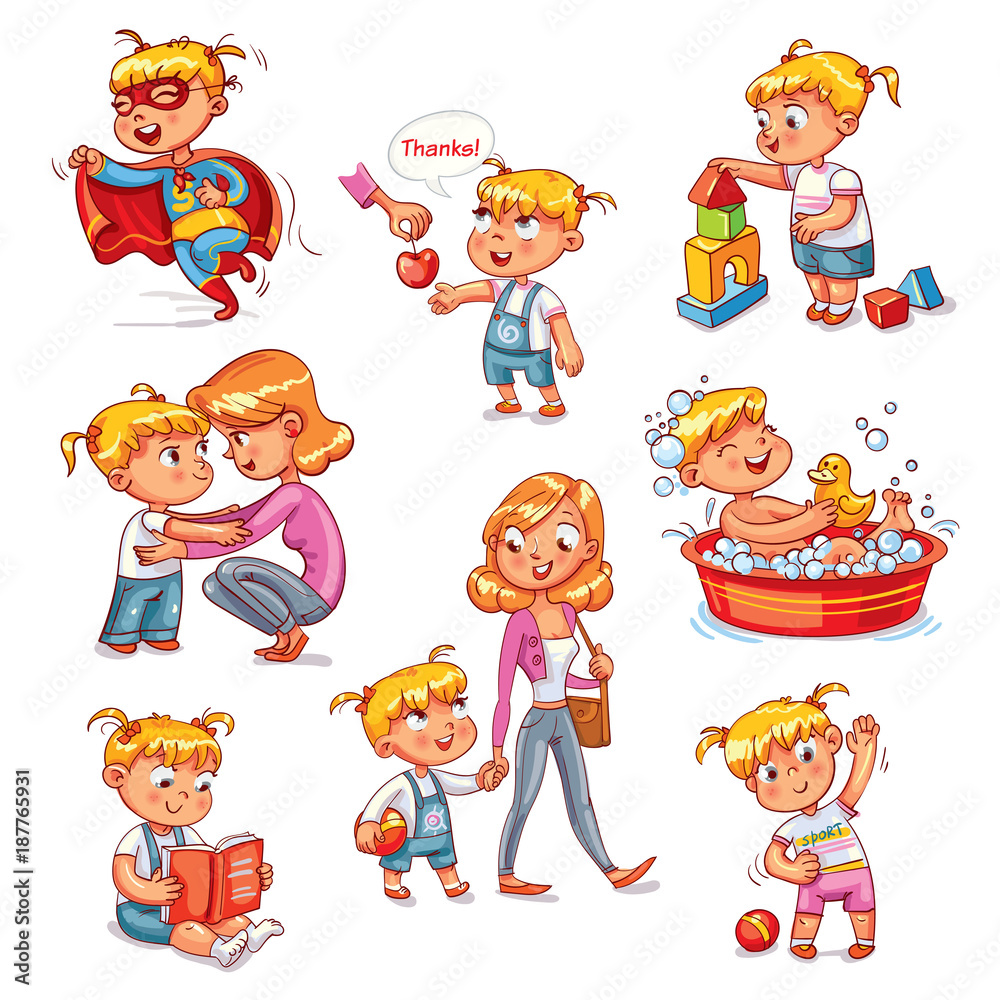 Cartoon kid daily routine activities set Stock Vector | Adobe Stock