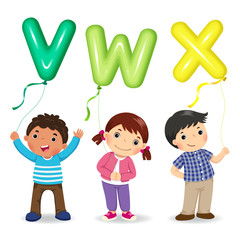 Wall Mural - Cartoon kids holding letter VWX shaped balloons