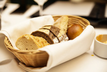 Basket With Bread In The Restaurant