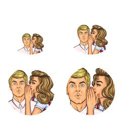 Vector pop art avatars for social network chat user profile or blog account picture icon template. Woman whispering or secret speaking in man ear. Girl talking secretly to boy. Retro sketch set