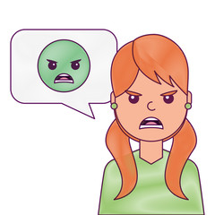 young woman with angry emoticon in speech bubble vector illustration