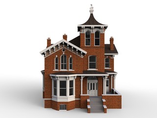 Old house in Victorian style. Illustration on white background. Species from different sides. 3d rendering.