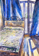 Blue room with big bed and curtains. Watercolor hand drawn illustration