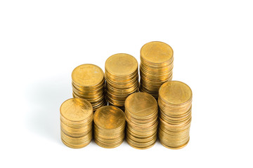 Increasing columns of coins, step of stacks coin isolated on white background with copy space for business and financial concept.